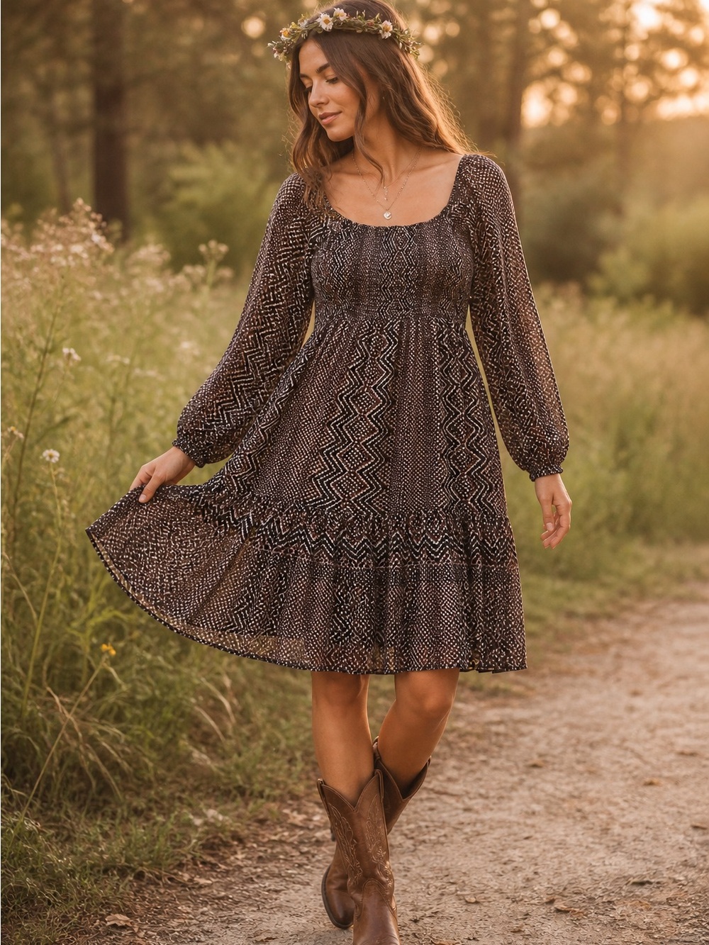 Just Taylor Smocked Brown Boho Cottagecore Fairy Whimsigoth Dress Size Medium